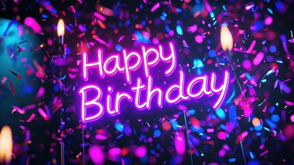 Colorful confetti fills the air as vibrant neon lights spell out happy birthday. The festive atmosphere creates a joyful mood, perfect for parties and celebrations