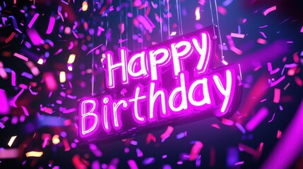 Neon lights spell out happy birthday while colorful confetti falls through the air, creating a festive atmosphere perfect for celebrations. The scene radiates joy and excitement