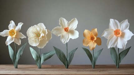 Five handcrafted paper daffodils in various creamy and yellow hues, displayed on a rustic wooden surface against a muted gray background.