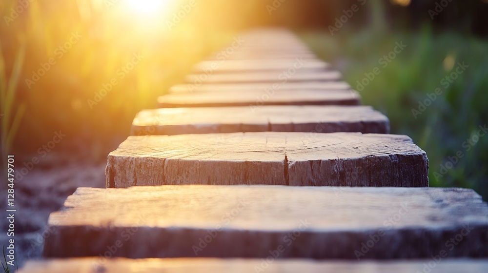 Poster Serene pathway made of wooden logs illuminated by soft sunlight during golden hour : Generative AI