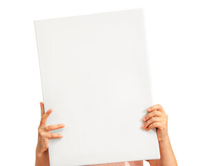 Child's hands holding a clean white sheet of paper isolated on white background.  A blank white...