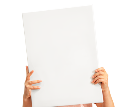 Child's hands holding a clean white sheet of paper isolated on white background.  A blank white canvas stretched over a frame.