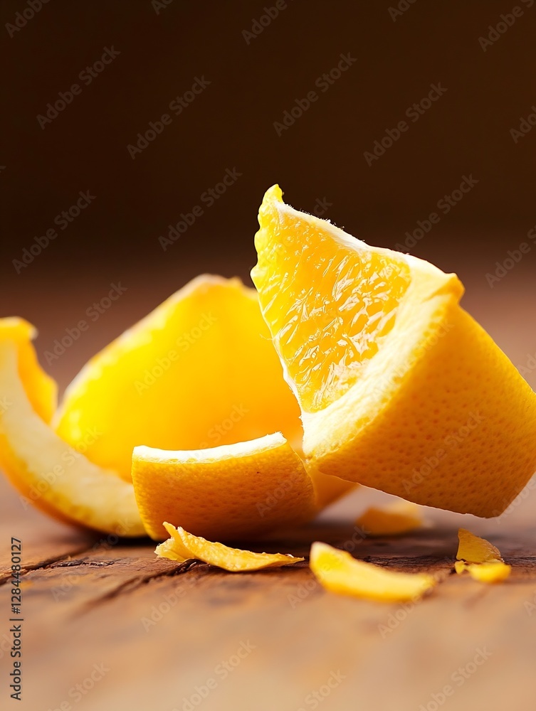 Poster sliced orange segments on wooden surface with bright color and texture showcasing freshness and juic