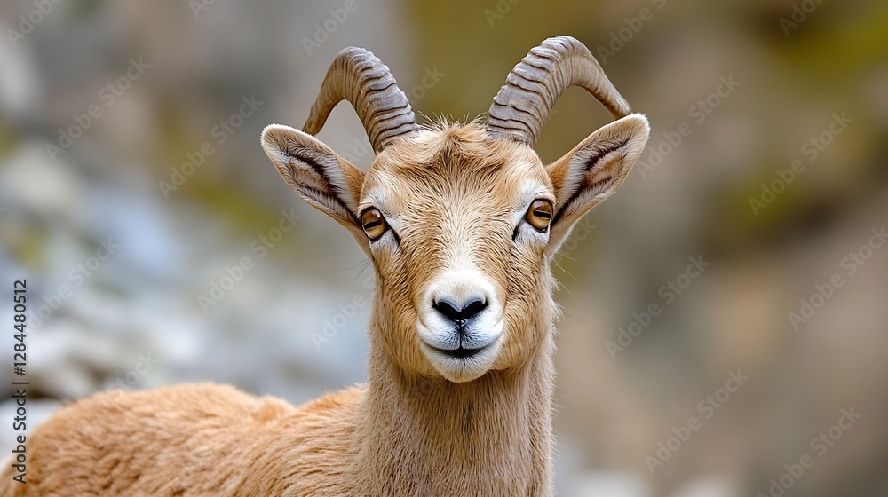 Poster closeup portrait of a young goat showcasing its expressive face and unique curled horns in a natural