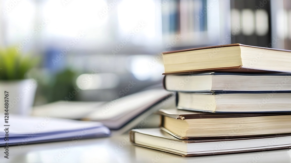 Poster A Stack of Colorful Academic Textbooks on a Table with a Soft Focus Background : Generative AI