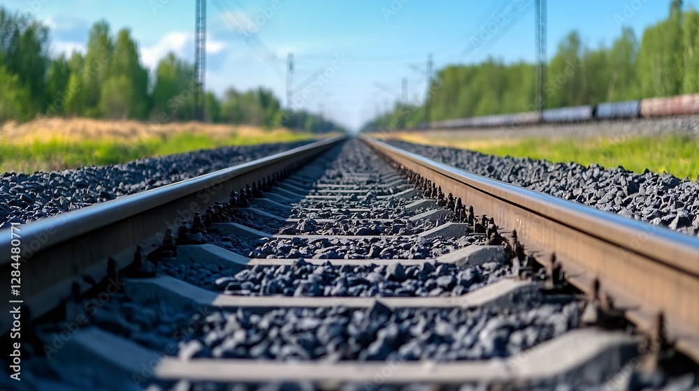 Poster unique perspective of railway tracks disappearing into the horizon surrounded by lush greenery and b