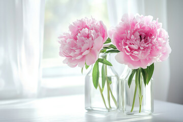 Fototapeta premium Delicate pink peonies on the table in glass vases