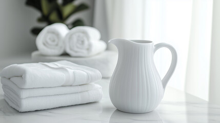 White ceramic jug with folded towels on a marble surface
