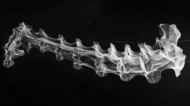 A translucent spinal column is presented against a black background, highlighting its intricate structure and anatomical details, providing an educational reference for study