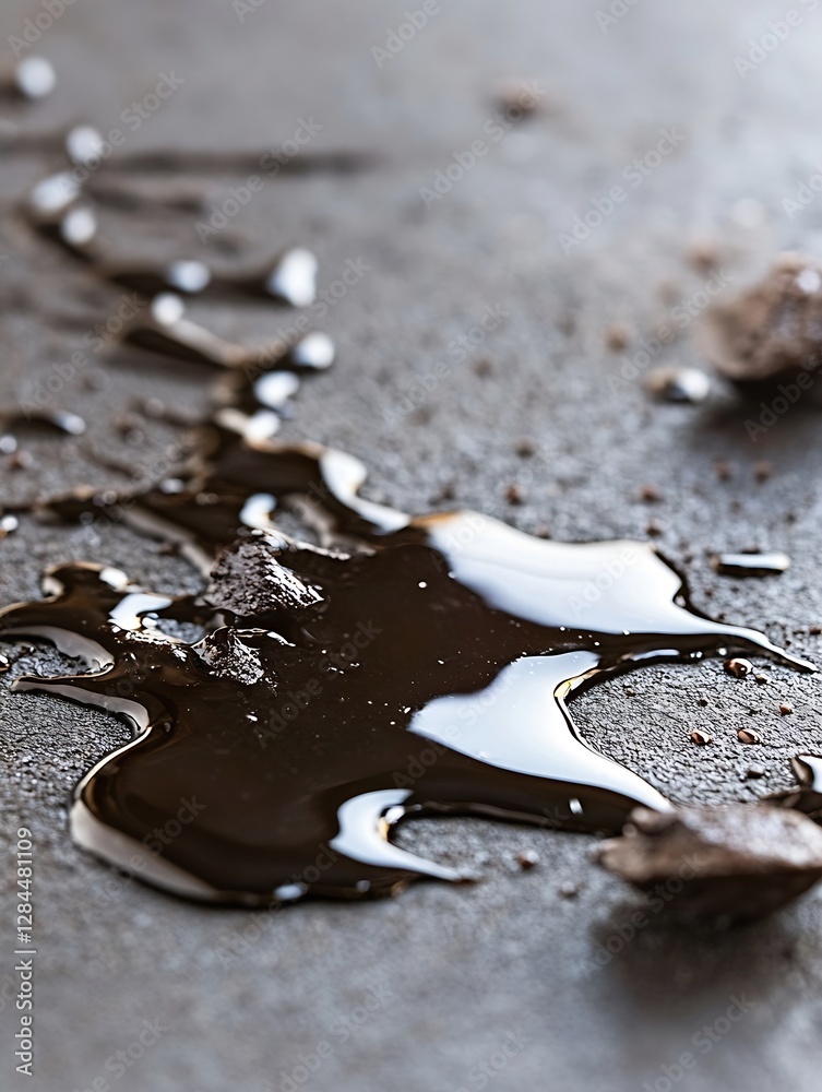 Aufkleber Closeup of spilled dark chocolate creating a rich delicious texture on a rustic surface : Generative AI