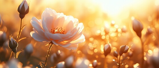 Golden hour rose field, beautiful flower, soft focus