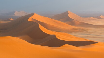 Naklejka premium Majestic sunrise illuminates vast, rolling sand dunes in a desert landscape.