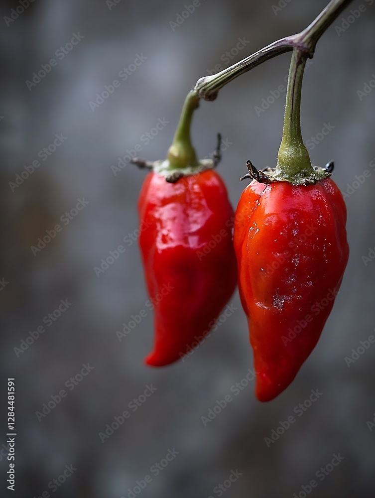 Poster Closeup of vibrant red chili peppers hanging on a branch displaying freshness and color : Generative AI