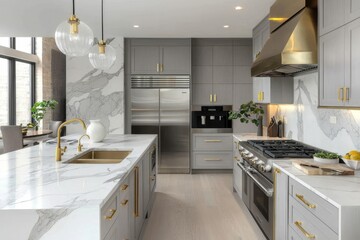 Contemporary kitchen design in Chicago featuring elegant gold hardware.