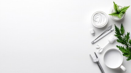 Flatlay white oral hygiene products, plants,  white background.  Use dental care advertisement