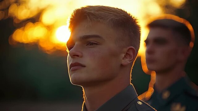 Young Caucasian male cadet in uniform, backlit by sunset. Air Force Academy Day celebration. Golden hour lighting.