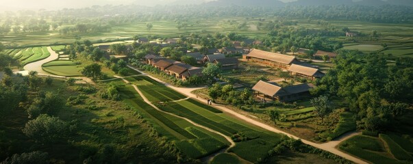 Aerial view of a serene rural village surrounded by verdant rice fields and lush forested hills