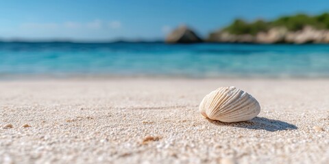 Obraz premium A close-up of a solitary seashell resting on a pristine sandy beach, with turquoise ocean waves and blue sky blurred in the background.