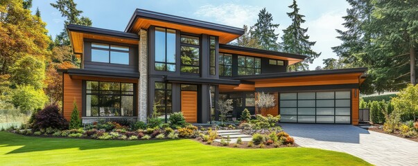 Obraz premium Modern two-story house with wooden facade and landscaped garden in suburban setting