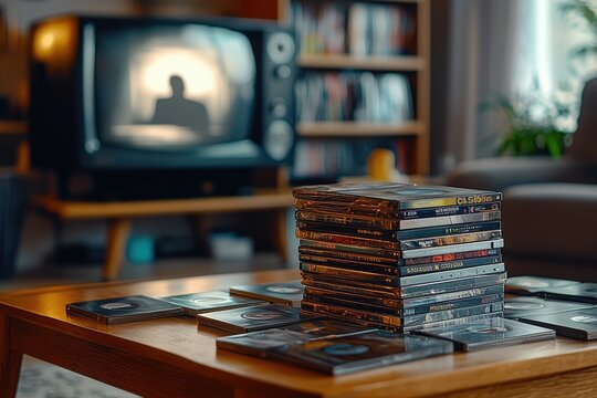A nostalgic scene with a stack of DVDs on a coffee table, illuminated by the warm glow of a vintage television, evokes a sense of classic home entertainment.