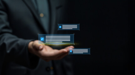 Digital Task Verification and Approval, Businessman or  Businesswoman with Virtual Checklist Interface, Symbolizing Efficient Workflow, Success, and Goal Management in a Professional Setting 