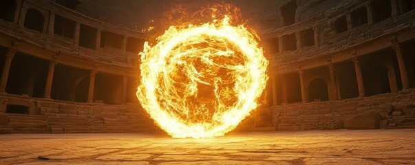 Flaming fireball in ancient stone arena surrounded by empty spectator seats at night