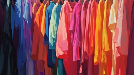 Vibrant hanging shirts display a rainbow of colors in a fashionable closet arrangement