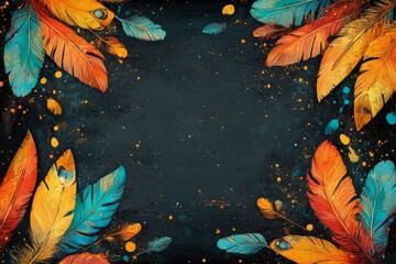 Colorful feathers arranged on a dark background, creating a vibrant and artistic border with copy space