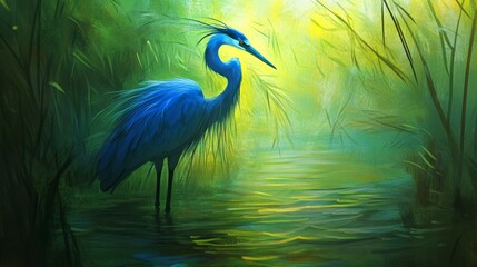 Fototapeta premium Graceful sapphire hued heron amidst lush marsh, intertwined with reeds and shimmering waters