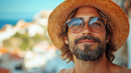 Young man enjoying sunny day in coastal village, wearing straw hat and sunglasses