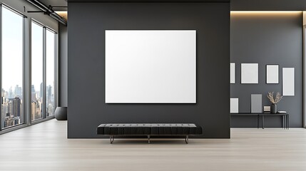 Modern Gallery Interior with City View: 3D Render of a Blank Canvas and Seating Area AI Generated