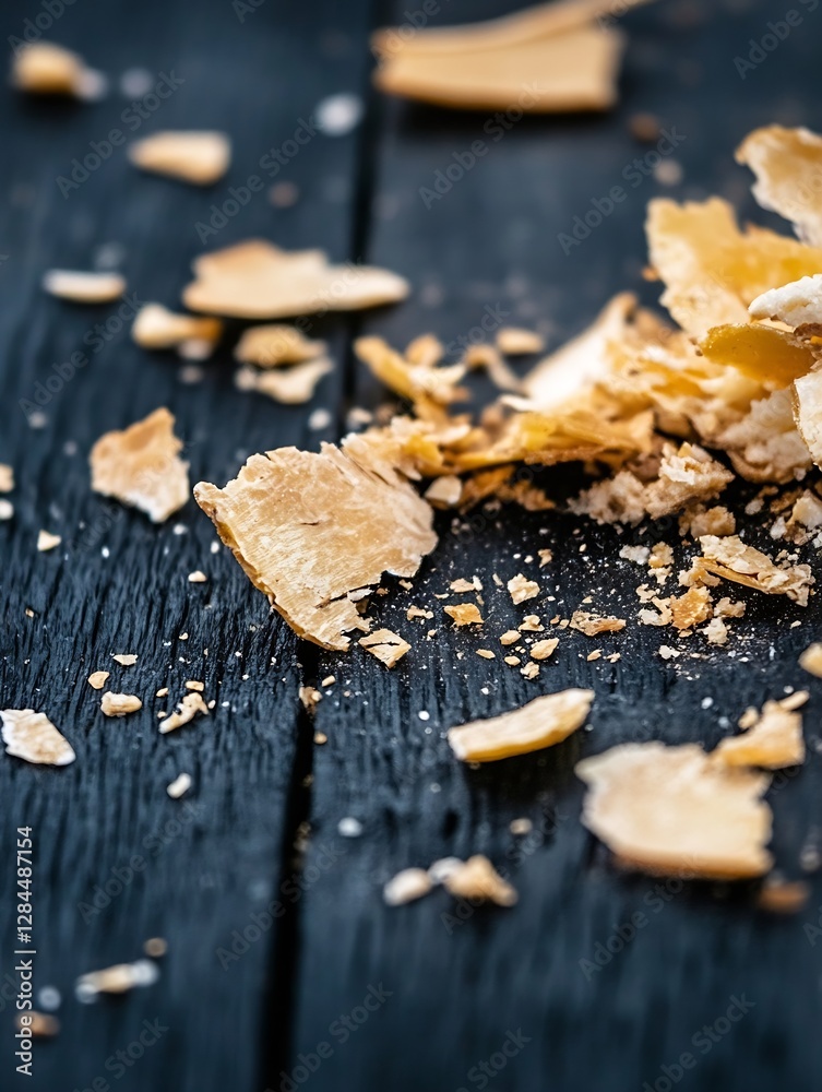Poster crumbled texture of flaky pastry pieces on rustic wooden surface : generative ai