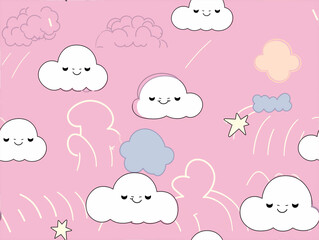 Seamless pattern with cute smiling clouds on pink background