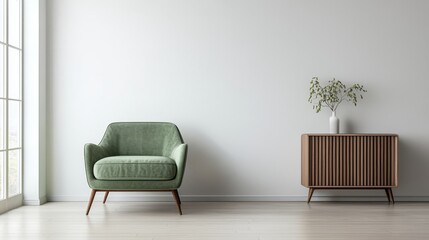 A touch of color with a green armchair in a minimalistic setting.