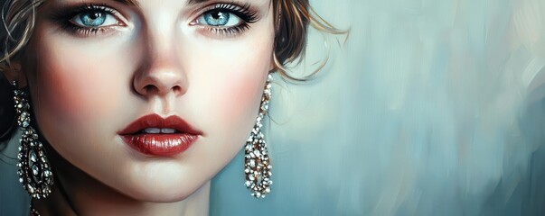 Portrait of a young woman with blue eyes and elegant earrings in soft lighting