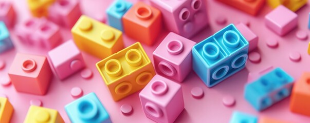 Naklejka premium Colorful plastic building blocks on pink surface for creative play and construction