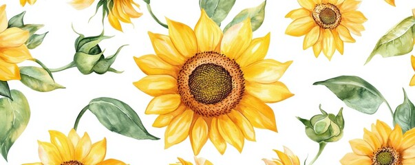 Vibrant sunflower pattern with green leaves on white background