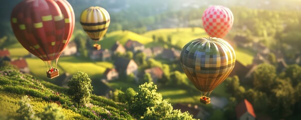 Obraz premium Colorful hot air balloons floating over scenic countryside landscape at sunrise