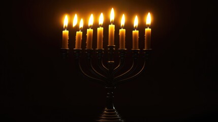 Glowing candles in a traditional Hanukkah menorah, signifying the festival of lights and the story of the oil that lasted eight days.