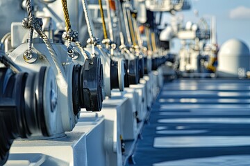 Fototapeta premium The naval vessel cruises through the water, showcasing its bow and prominent main gun