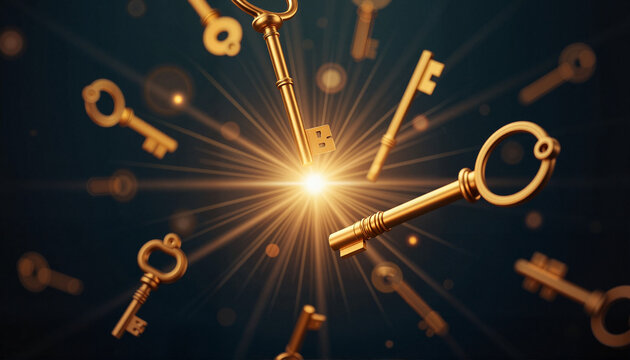 Golden keys floating in soft light, unlocking esoteric knowledge, esoteric