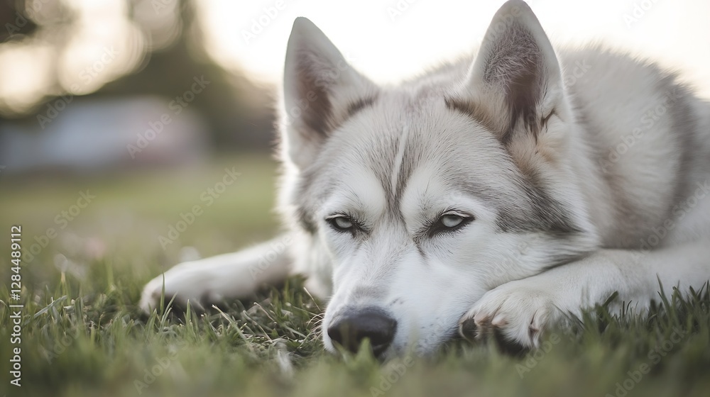 Poster beautiful siberian husky relaxing on grass in a sunny park setting : generative ai