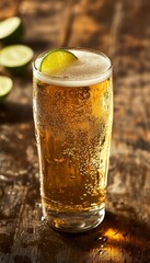 Refreshing modelo beer with lime in a clear glass on a rustic wooden table with cozy ambiance