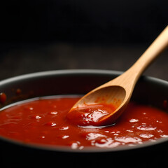 a close-up of rich red tomato sauce in a black bowl with a wooden spoon gently stirring the sauce, creating a smooth texture and inviting appearance