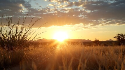 Obraz premium Breathtaking sunrise illuminating a serene landscape in the desert with golden sun rays and silhouetted plants : Generative AI