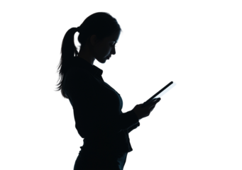 a business woman standing and reading isolated on a transparent background