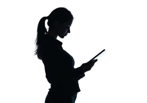 a business woman standing and reading isolated on a transparent background - Powered by Adobe