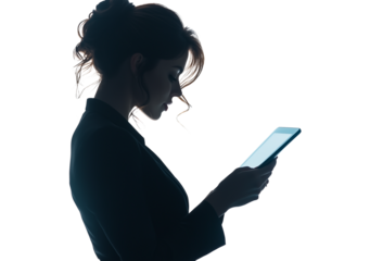 a business woman standing and reading isolated on a transparent background