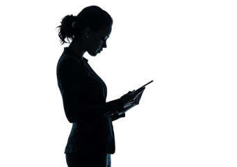 a business woman standing and reading isolated on a transparent background