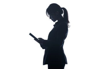 a business woman standing and reading isolated on a transparent background
